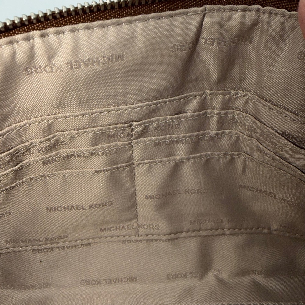 Michael Kors Suede Patchwork Studded Wristlet Clutch Brown Tan Silver Studs - Picture 10 of 13
